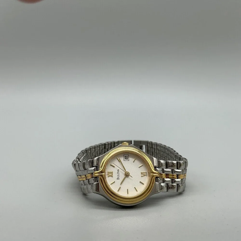 Bulova Womens Watch 24mm White Dial Two Tone Stainless Date New Battery 7.75
